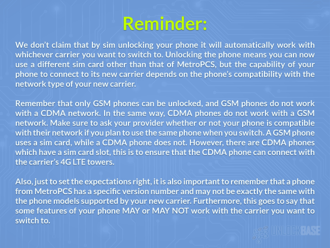 Reminder When Unlocking a MetroPCS Phone